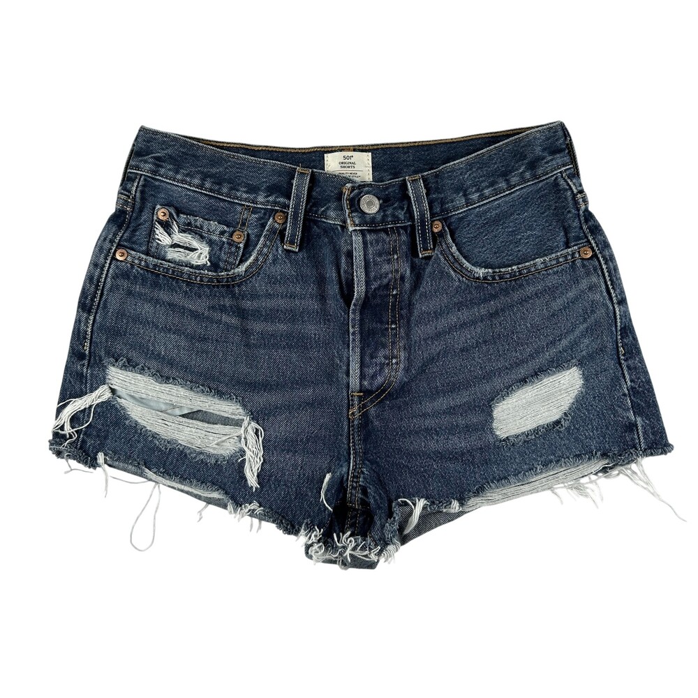 Levi's 501 Shorts Womens 27 Blue Denim Cutoff Button Fly Distressed Raw Hem